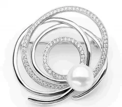 Brosche weiß rund 7.5-8 mm mit Zirkonia, 925er rhodiniertes Silber, Gaura Pearls, Estland